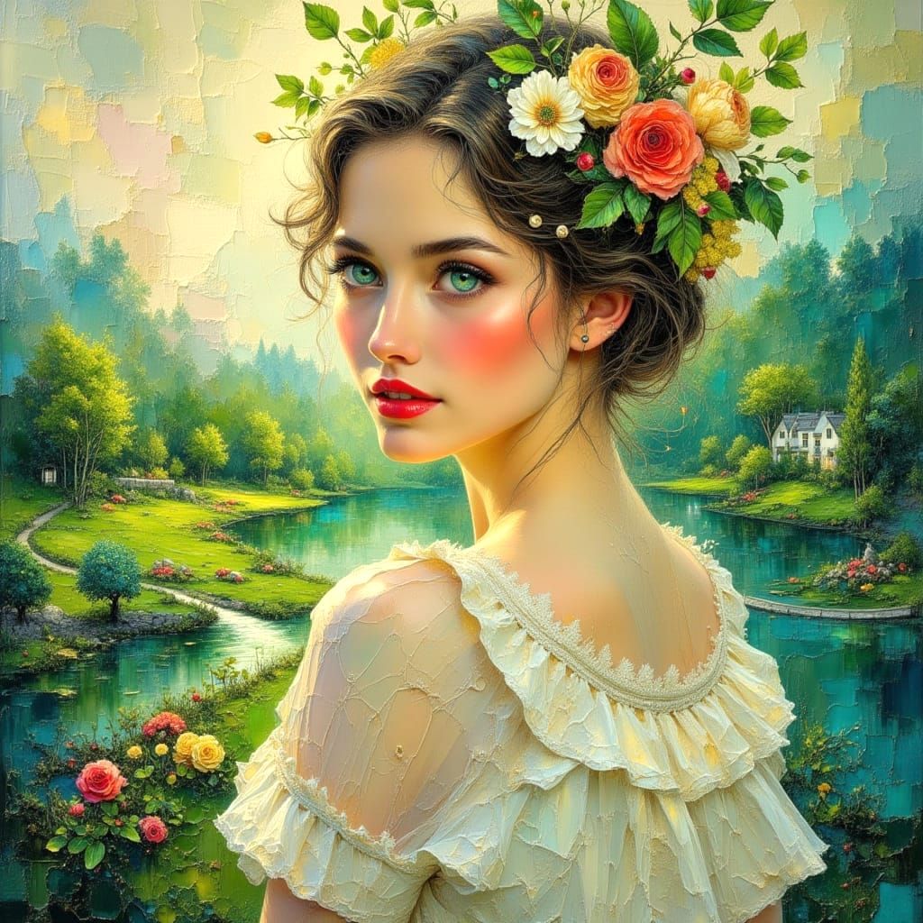 Woman with Blue-Green Eyes in Oil Painting with Impasto