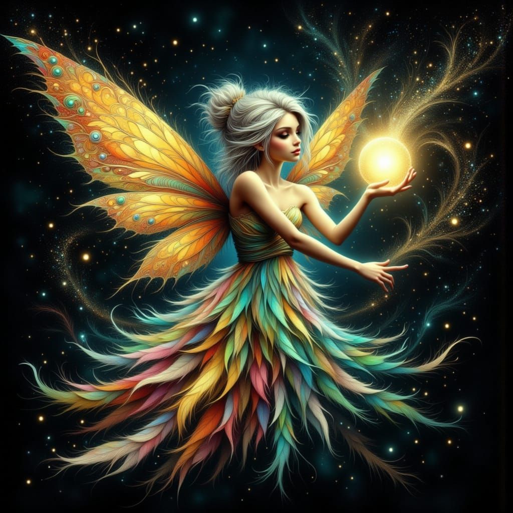 Ethereal Fairy With Glowing Orb in Starry Night
