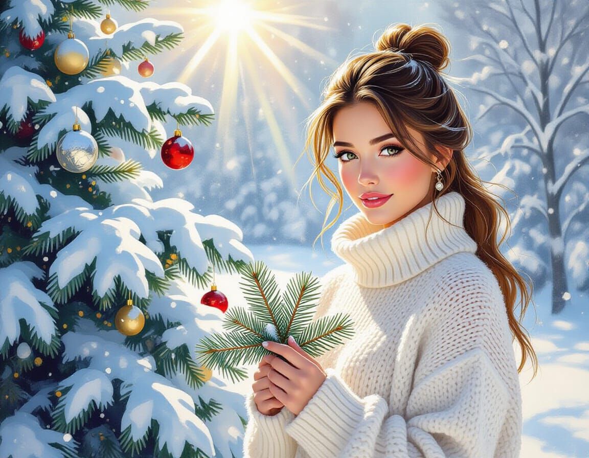 Winter Scene with Snow-Covered Tree and Woman in Neo-Impress...