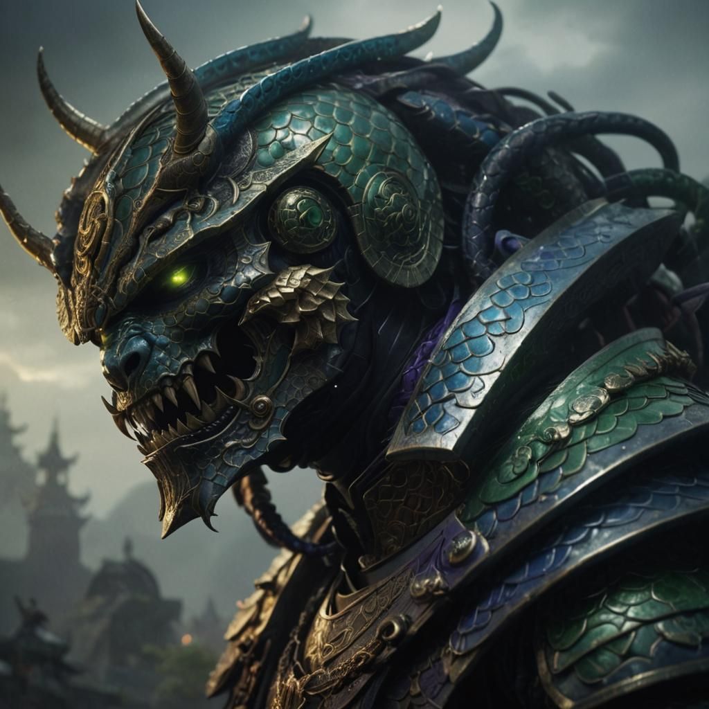 Armored Gorgon Samurai with Emerald Eyes