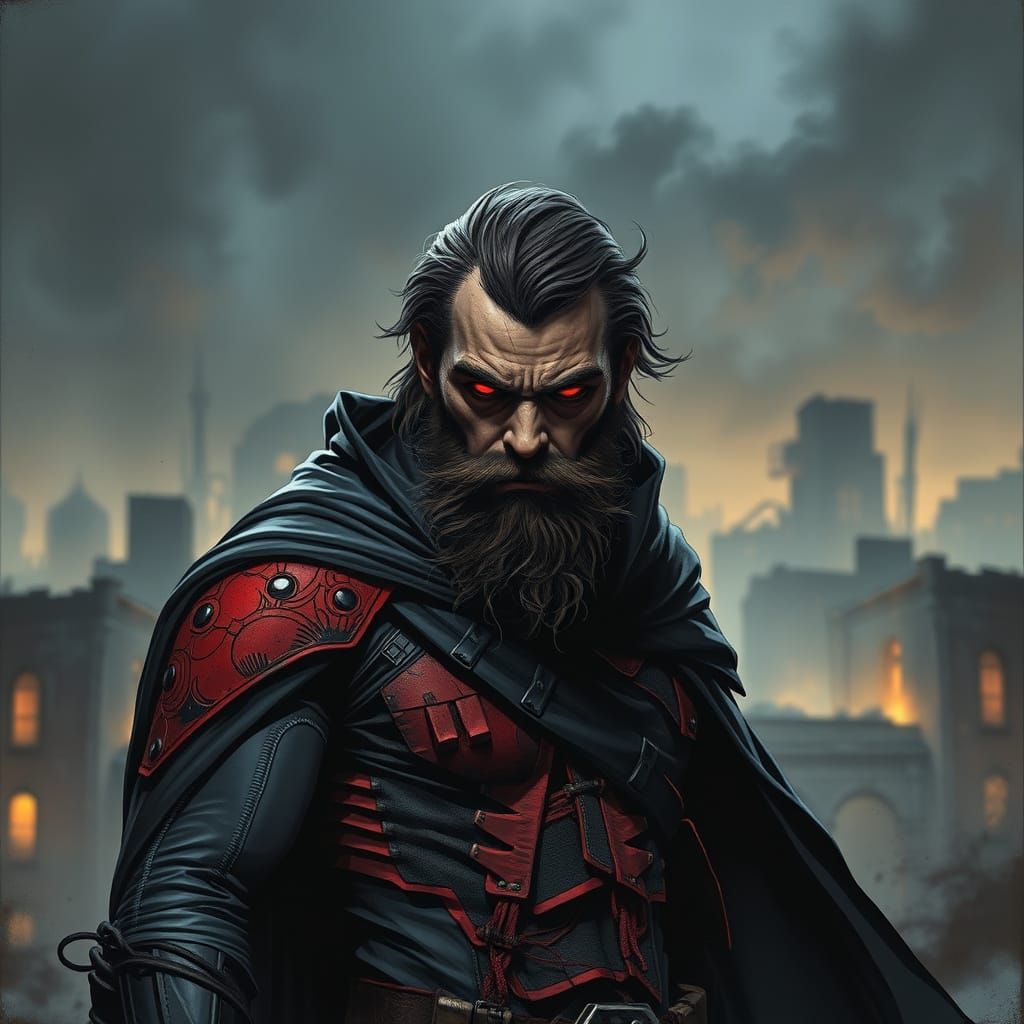 Dark Superhero in Ruined City, Dramatic Lighting