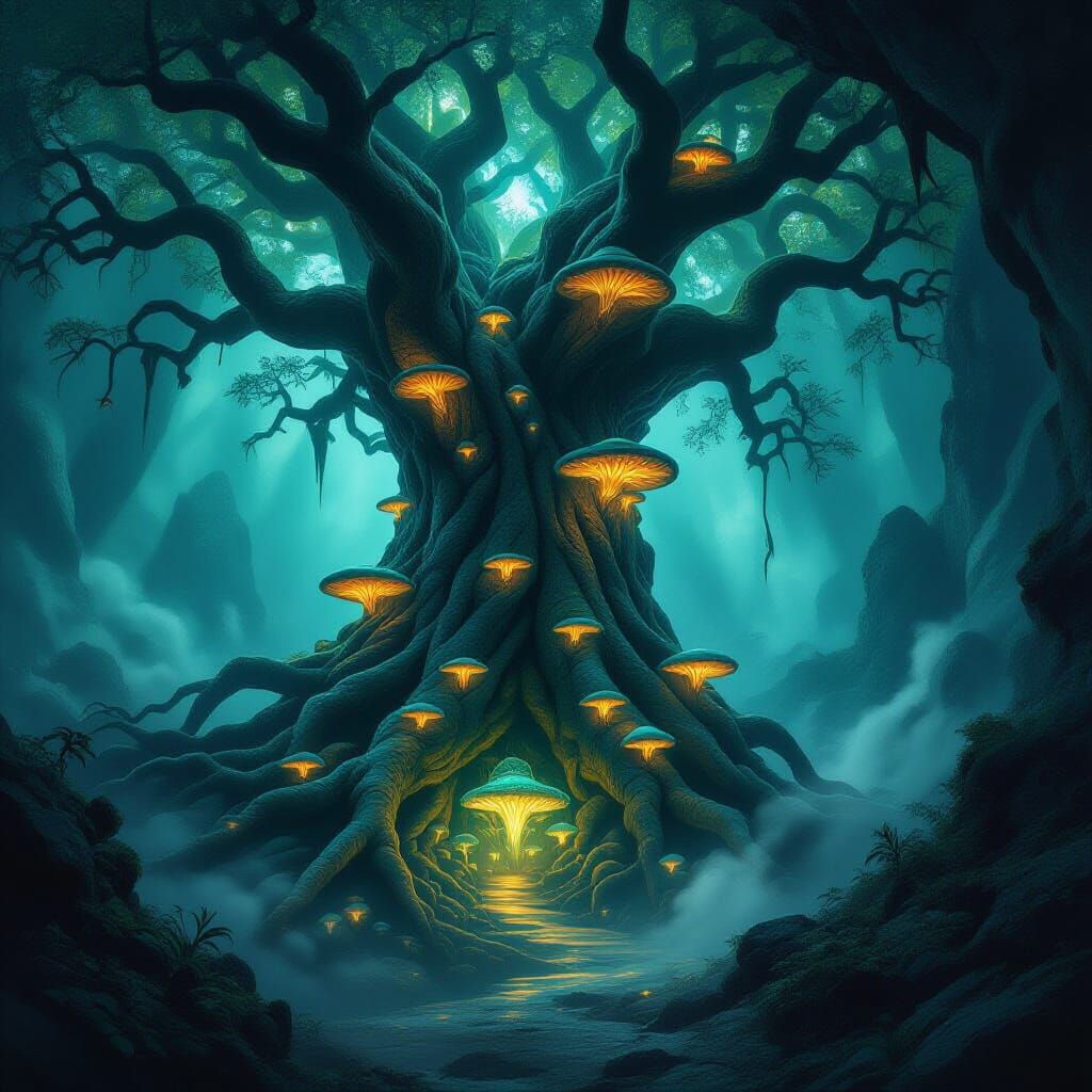 Ancient Bioluminescent Tree in Ethereal Cave System