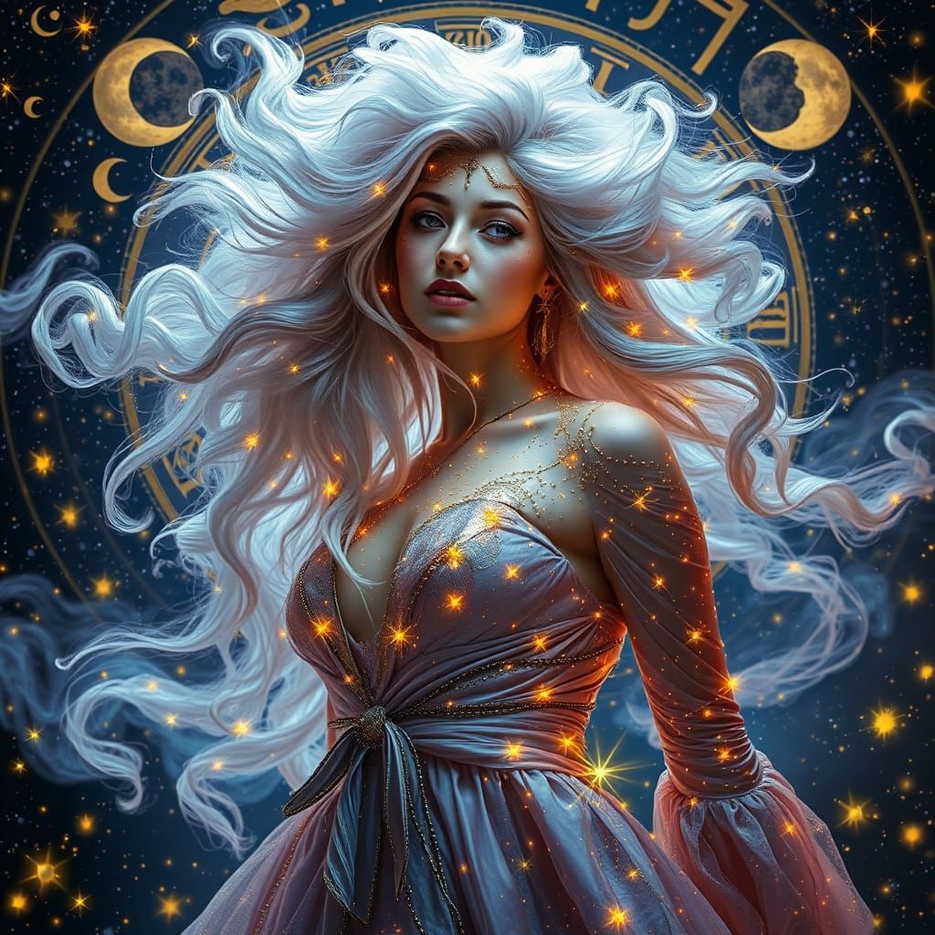 Glowing Cosmic Goddess amidst Zodiac Constellations