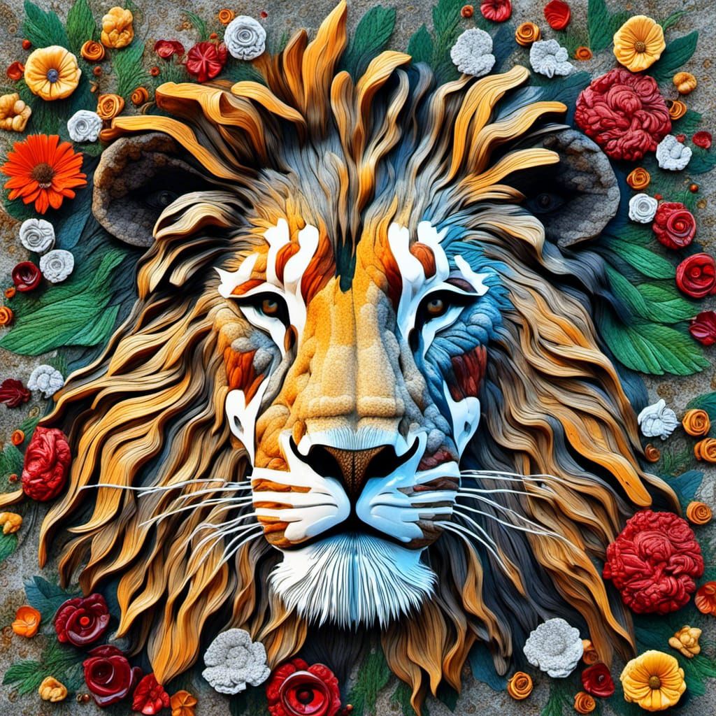 Lion Portrait with Flowers in Salvador Dali Style