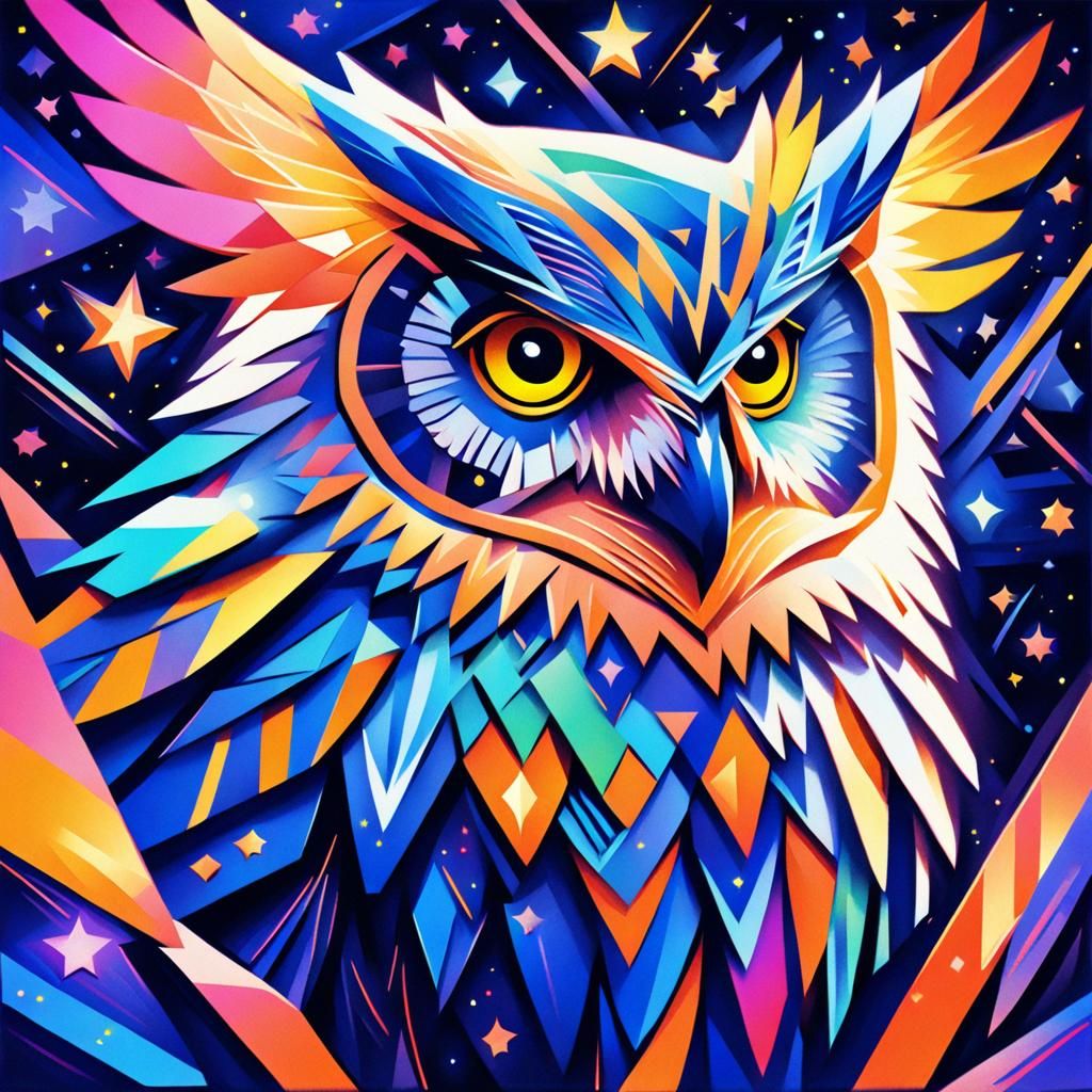 Glowing Owl in Starry Night Sky, as Cubist Painting