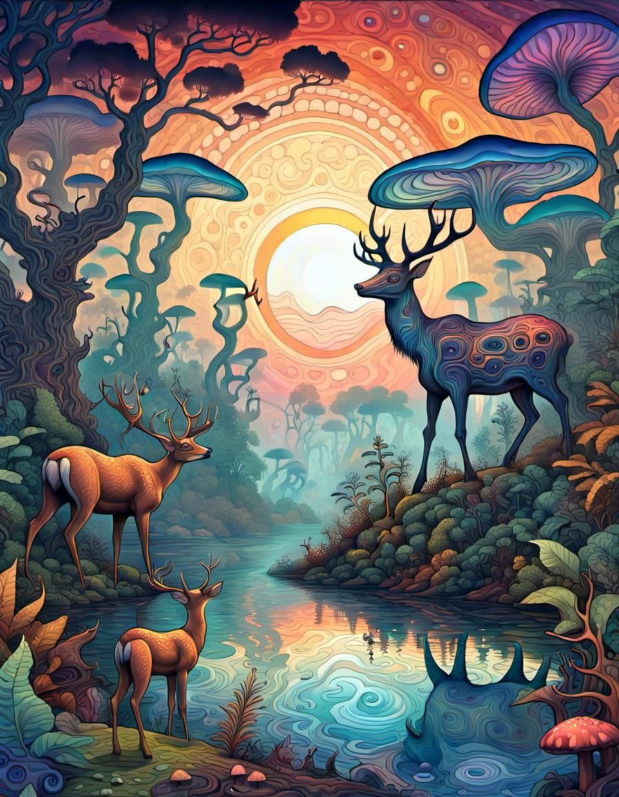 Fantastical Rainforest Scene in Expressionist Style