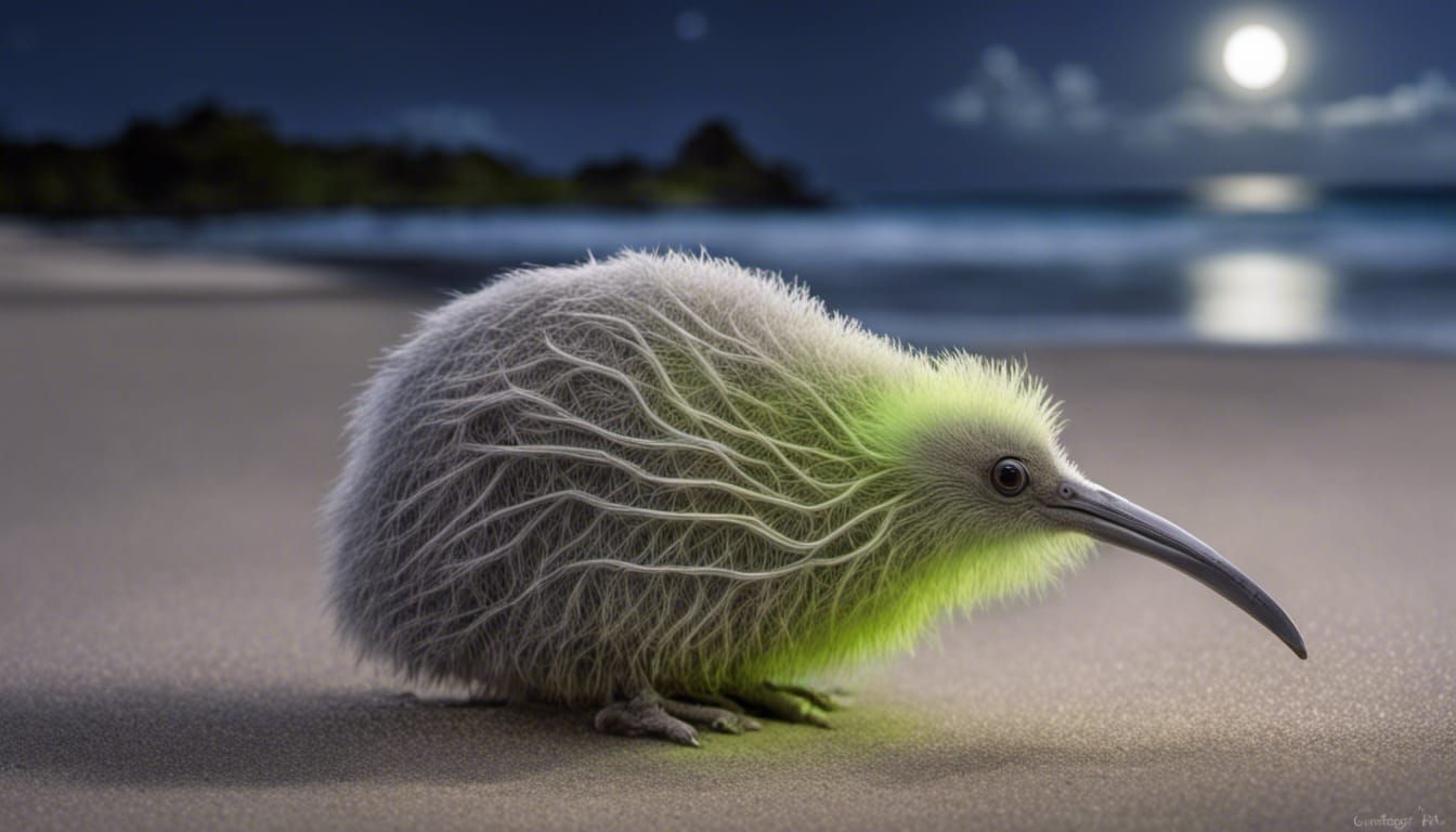 Fuzzy Metallic Kiwi Bird on Moonlit Beach