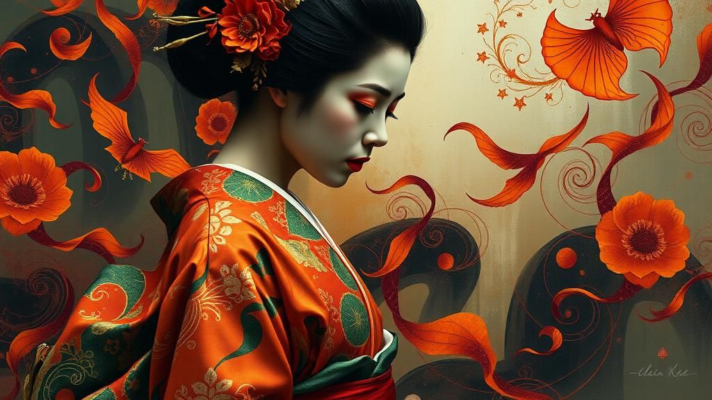 Mournful Geisha in Surreal Abstract Japanese Landscape