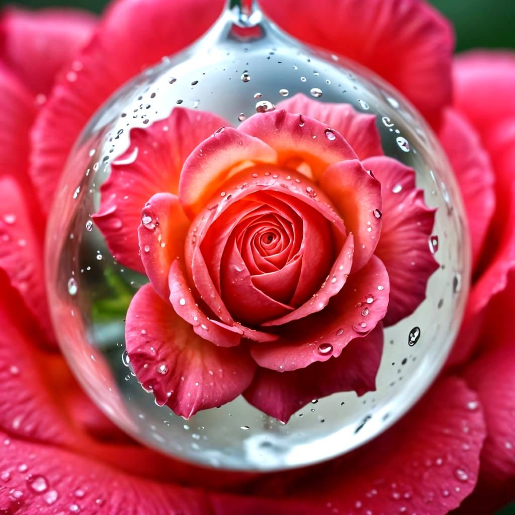 Closeup of a Rose Bloom Inside a Drop of Water