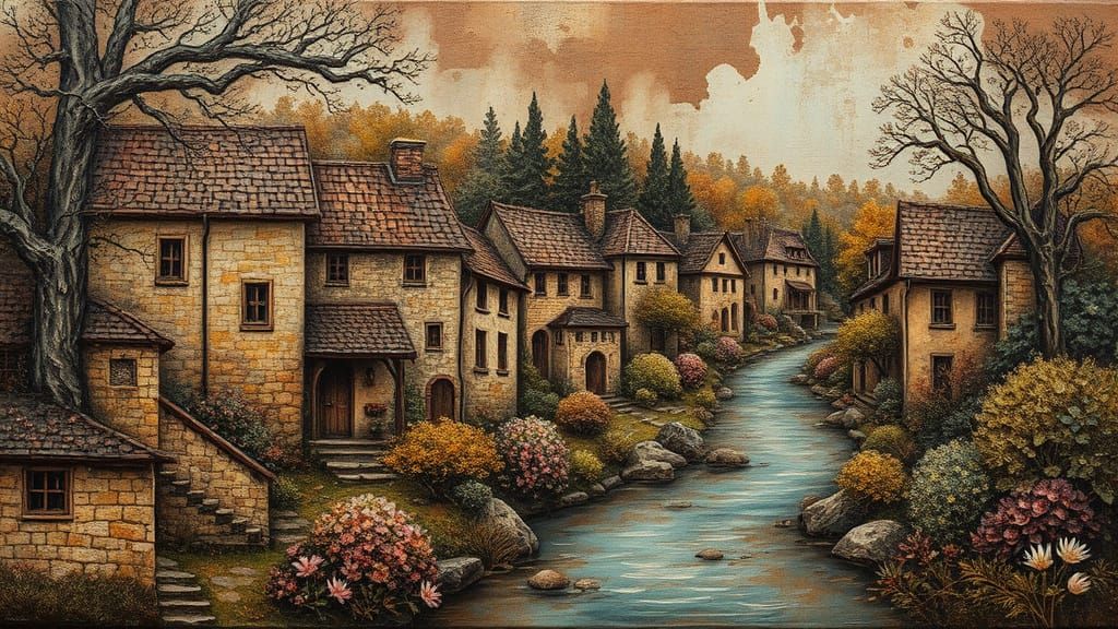 Embossed Metal Relief Artwork of Houses, Creek, and Forest