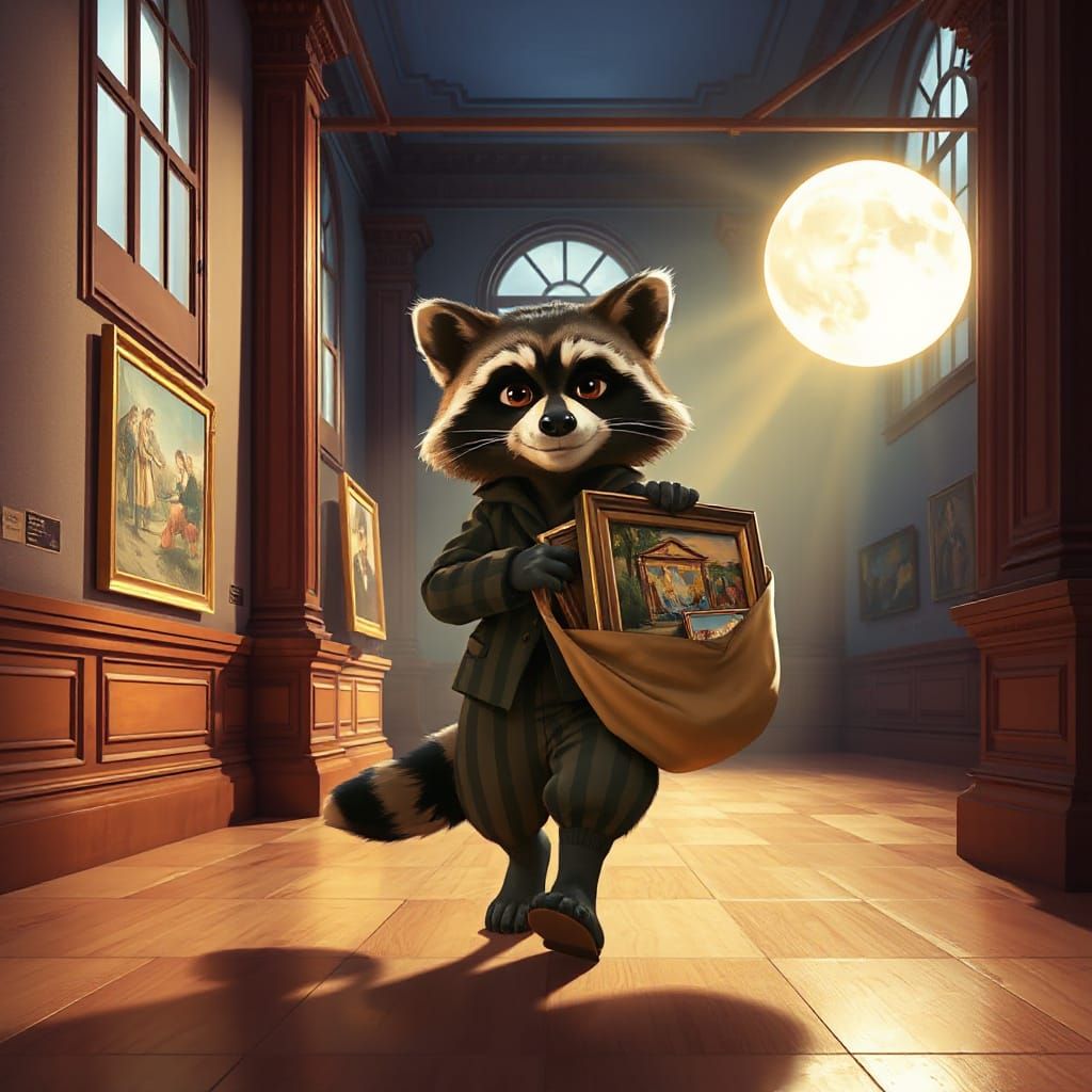 Raccoon Art Thief in Ghibli Animation Style