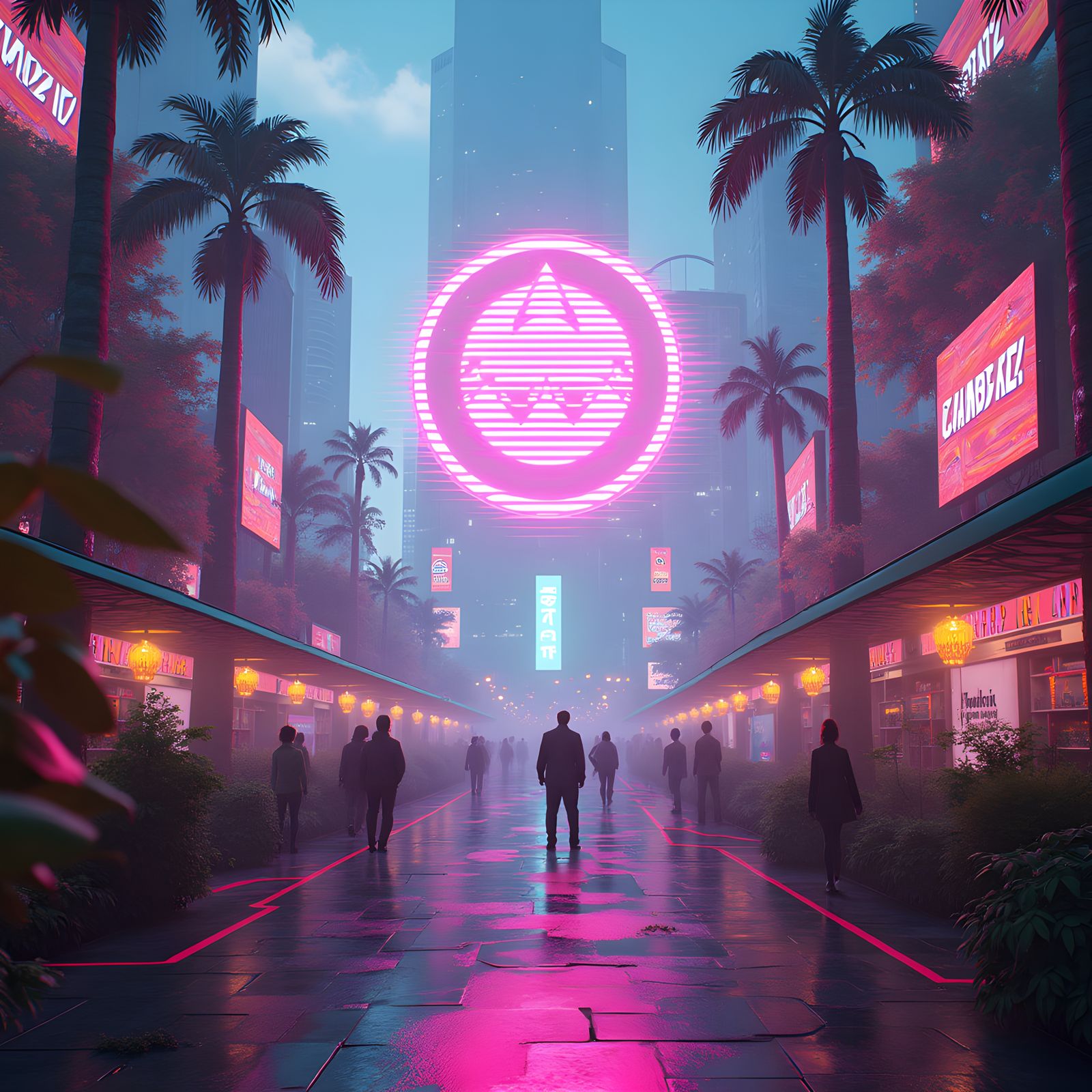 Dystopian Vaporwave Plaza with Glitch Art