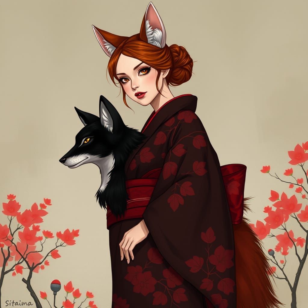 Femme aux Yeux d'Or dans un Kimono Rouge