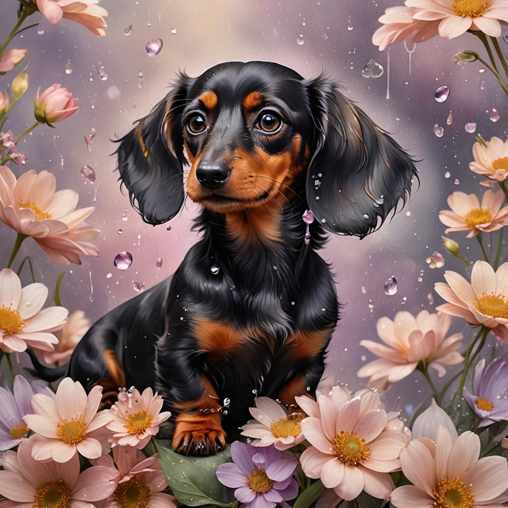 Whimsical Portrait of Dachshund and Winged Kitten