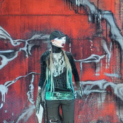 Cyber Goth Model Amidst Vibrant Street Art in Gritty Urban S...