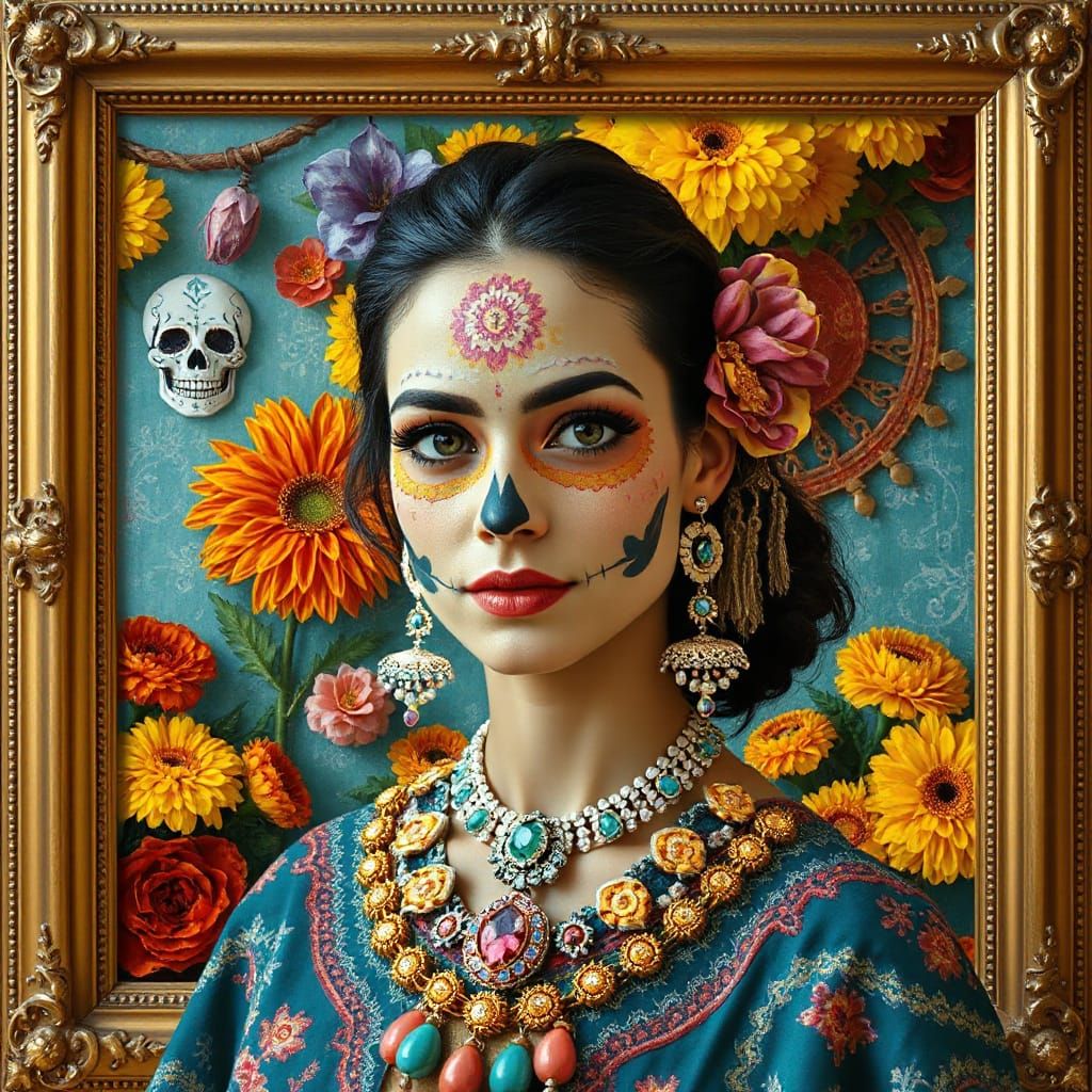 Ornate Día de los Muertos Portrait with Gold Frame