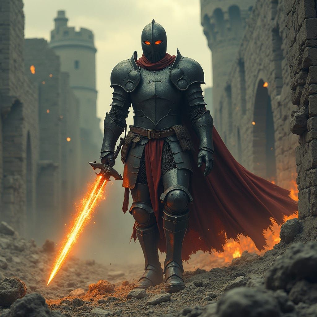 Knight with Flaming Sword in Post-Apocalyptic World