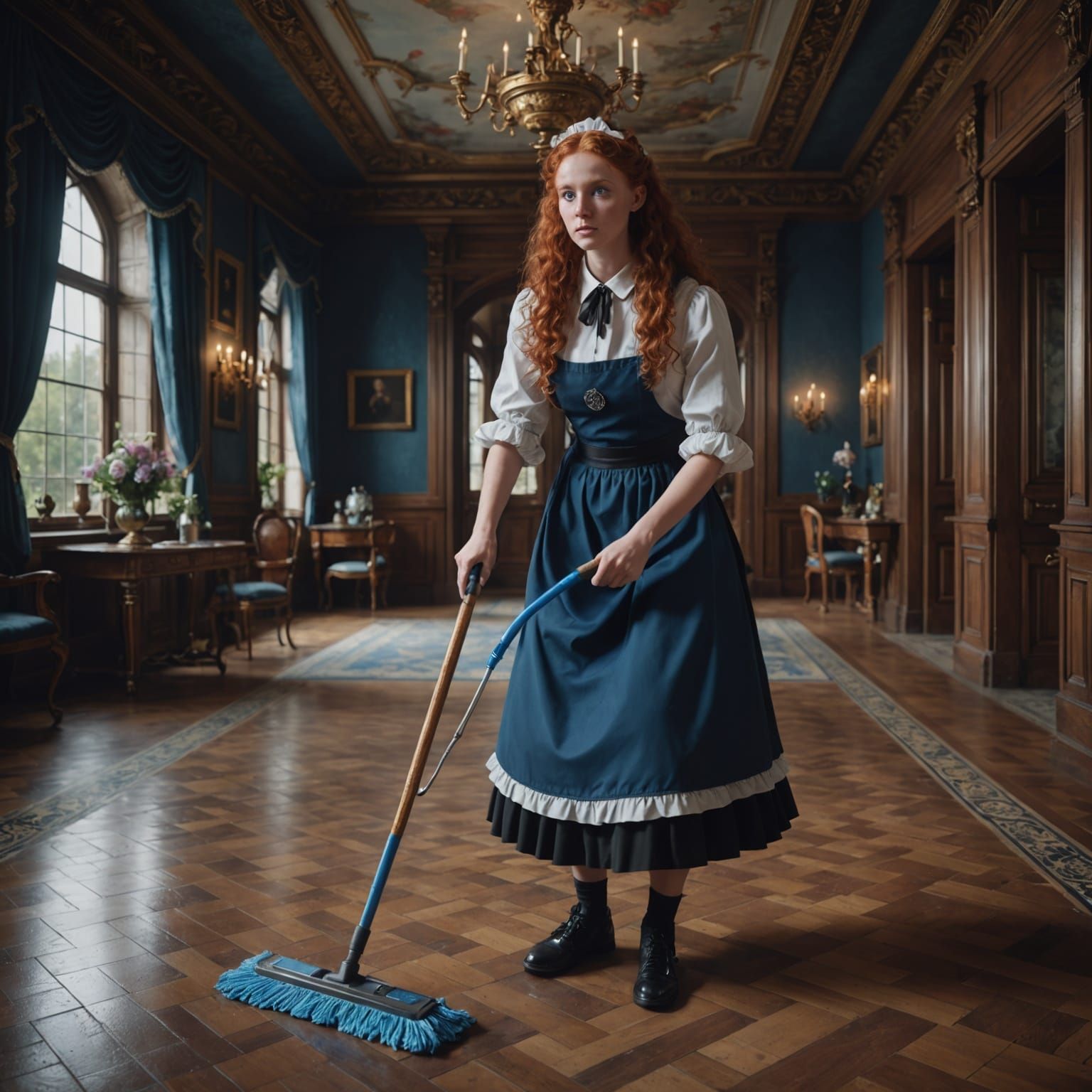 A Young Maid Cleans the Floor of a Grand Mansion in a Fantas...