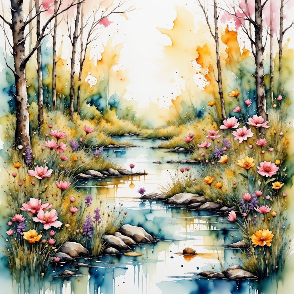Wetland Landscape with Vibrant Blooms in Watercolor Style