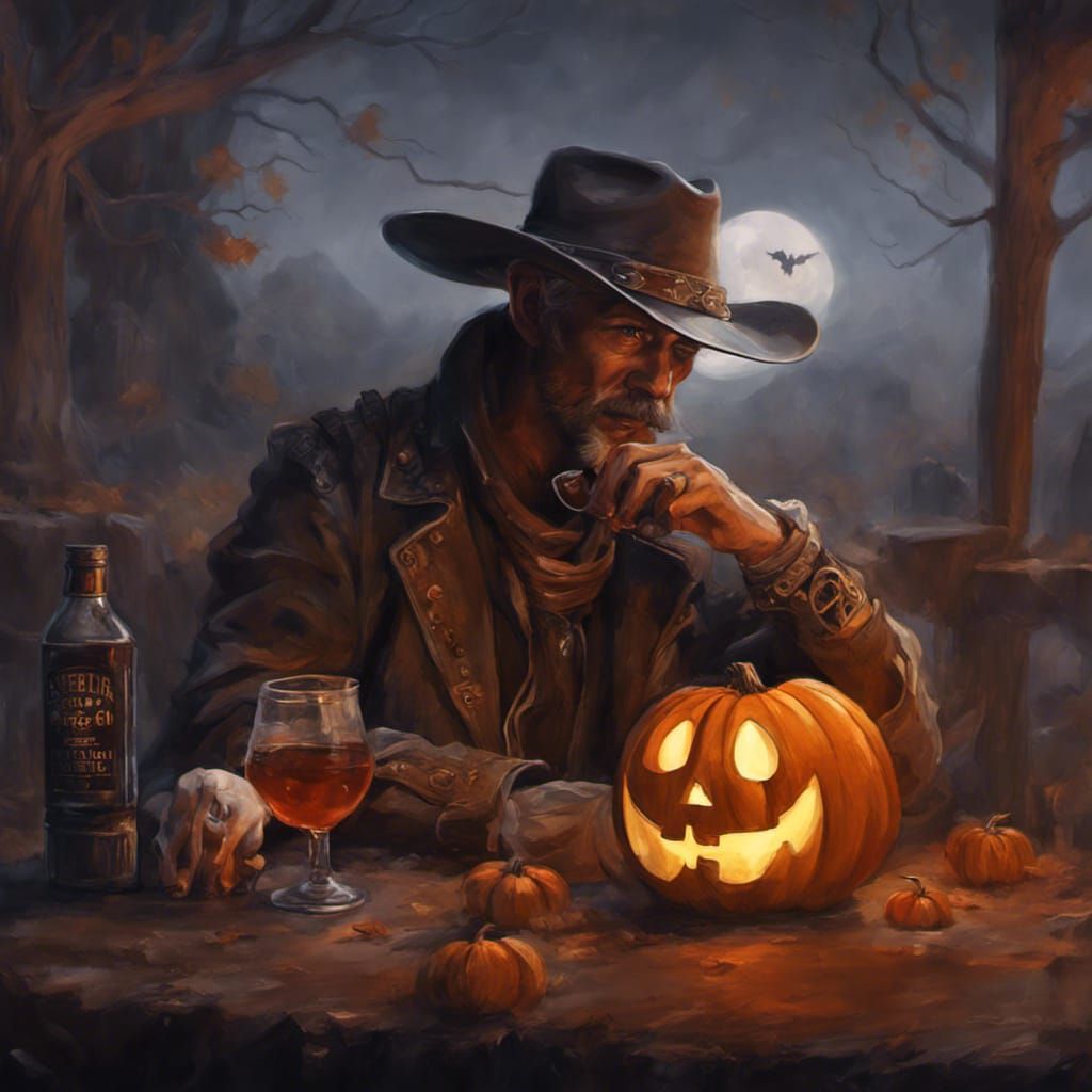 Cowboy and Ghost: Halloween Oil Painting