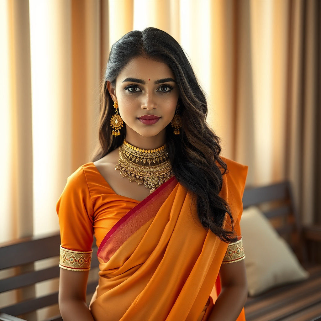 Indian Woman in Traditional Dress with Gold Jewelry
