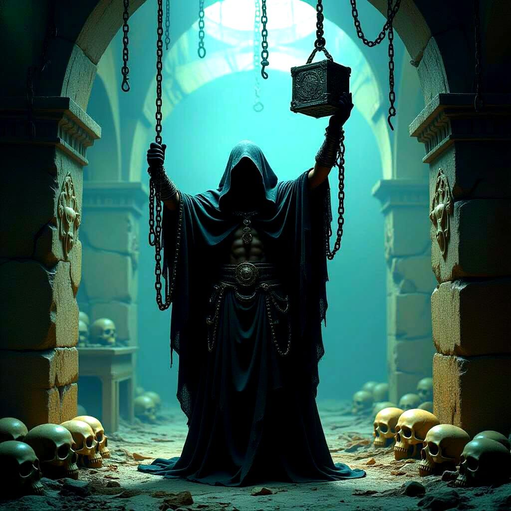 Macabre Chamber: Chained Figure with Puzzle Box