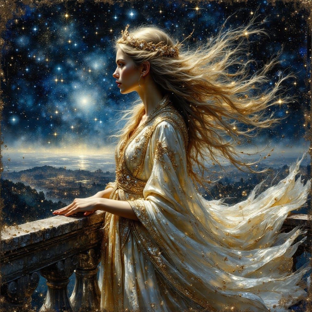 Elegant Queen Gazes Over Starlit Kingdom in Impasto Style