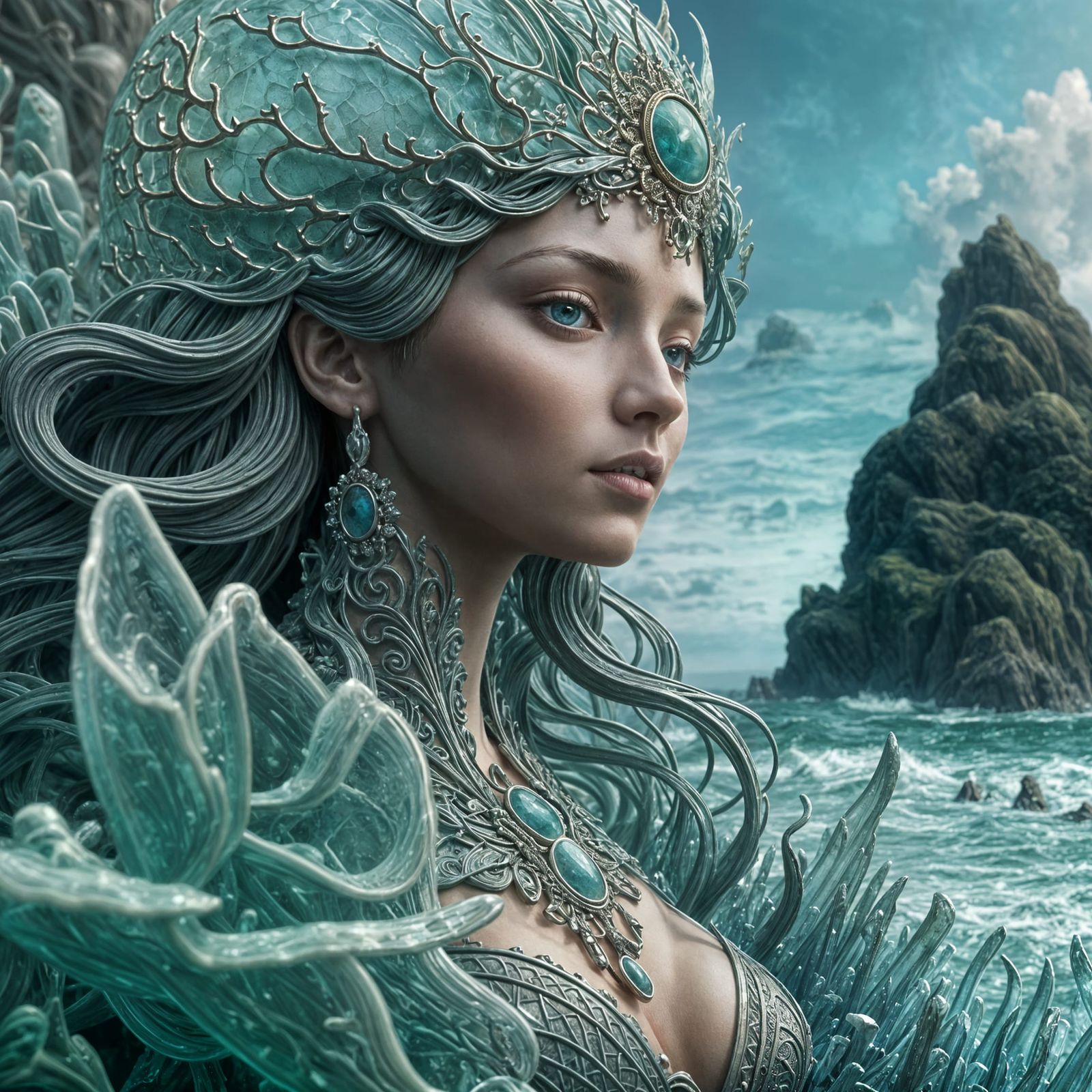 Intricate Sea Glass Sculpture with Dramatic Lighting