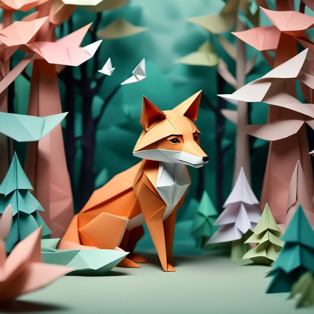 Whimsical Origami Fox in Moonlit Forest