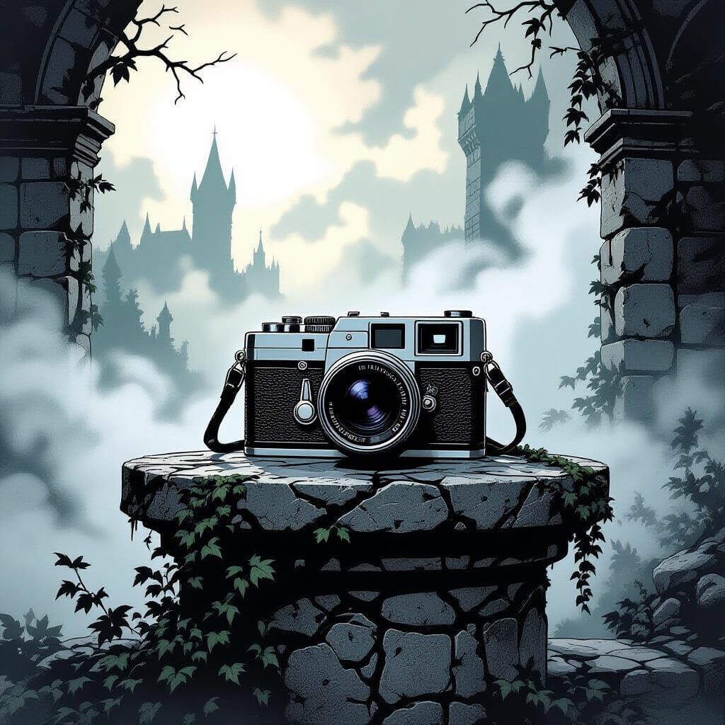 Vintage Camera in Fog: Gothic Dread