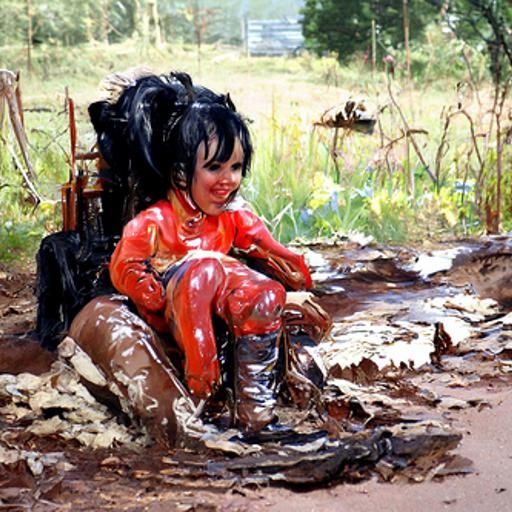 Girl Playing in Mud, Oil Painting Style