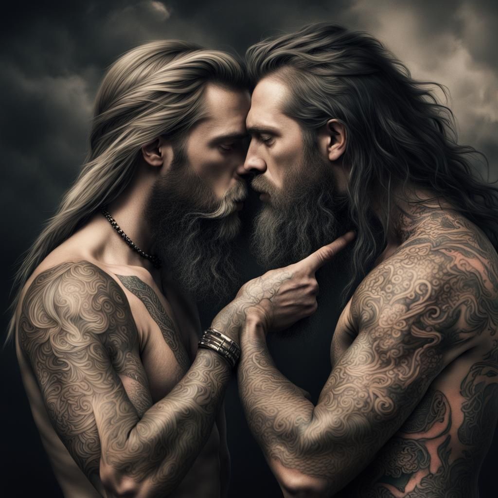 Detailed Tattoo of Kissing Bearded Men