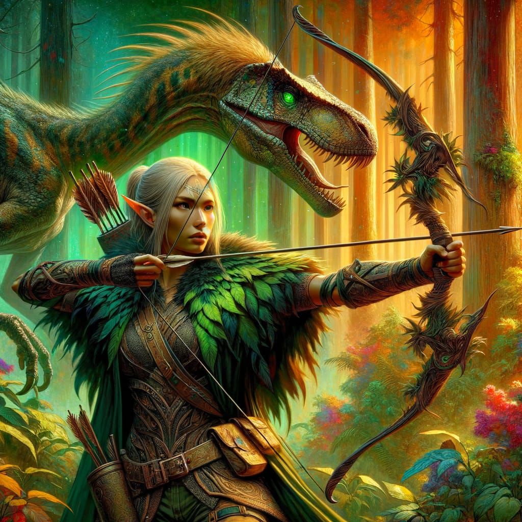 Elf Druid Stands Ready in Lush Forest with Fierce Companion