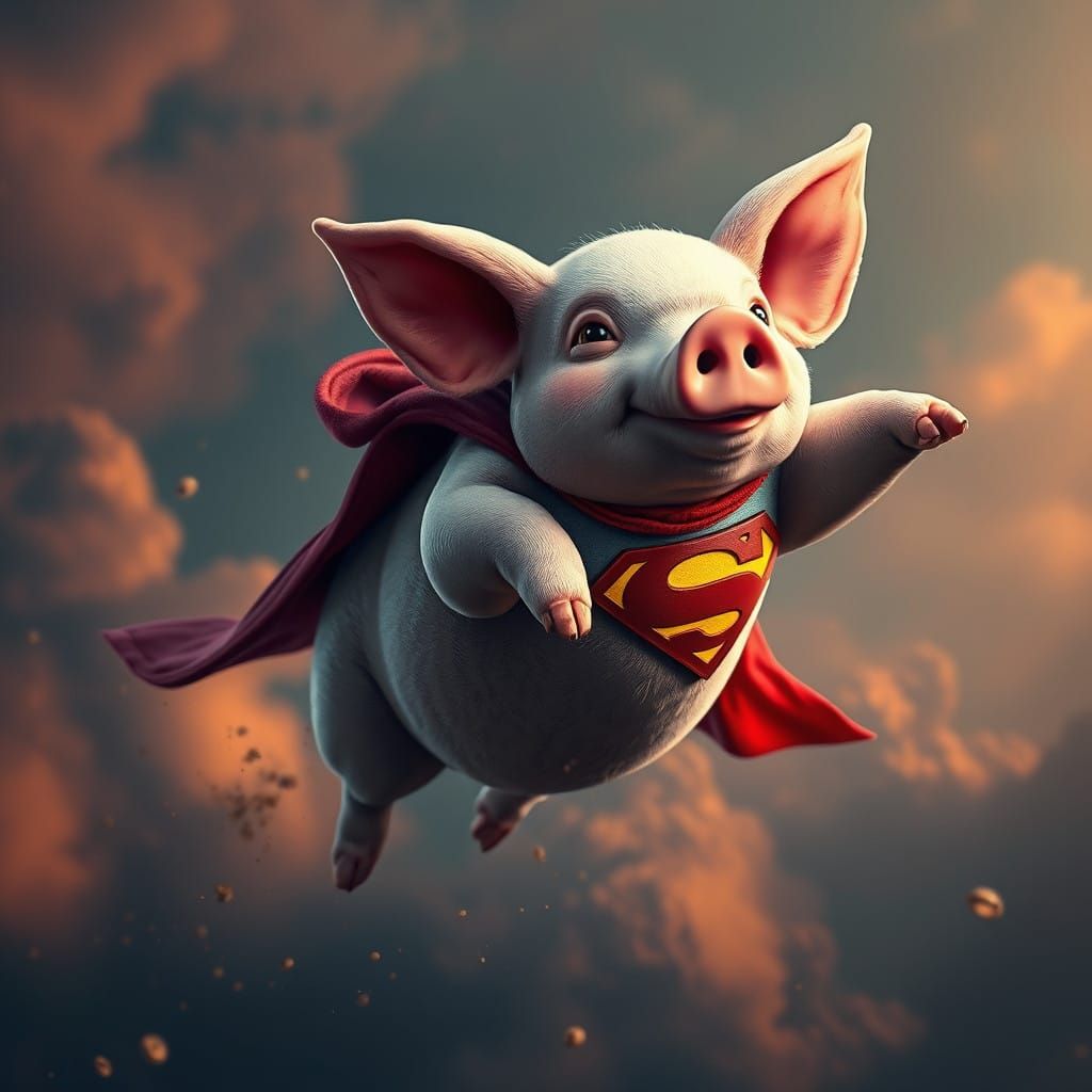 Flying Pig in Superhero Cape: Epic Fantasy Art