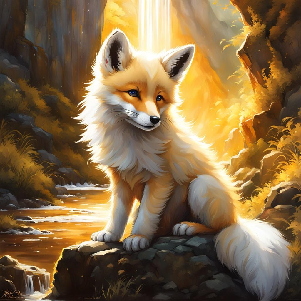 Regal Golden Fox Pup with Wings and Halo