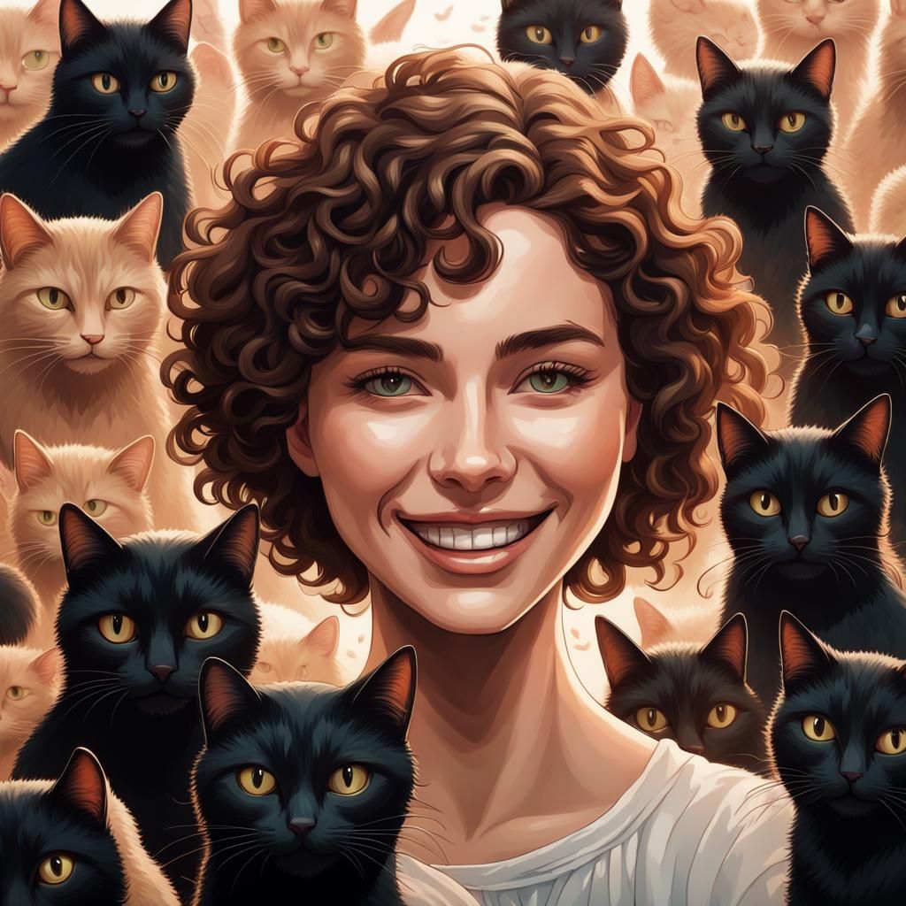 Smiling Woman Surrounded by Black Cats: Acrylic Art