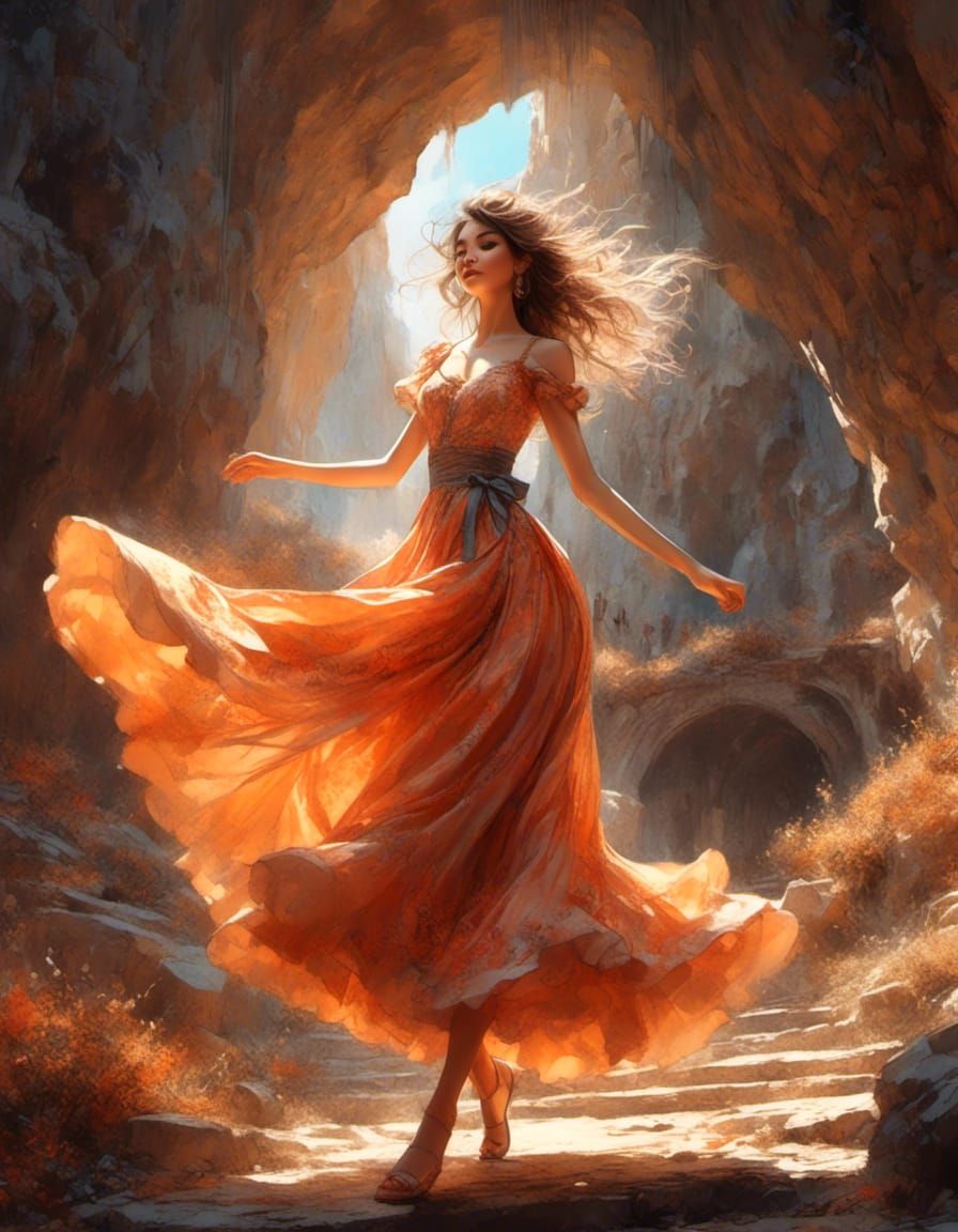 Anime Portrait: Cute Girl Dancing in Sunlit Cavern