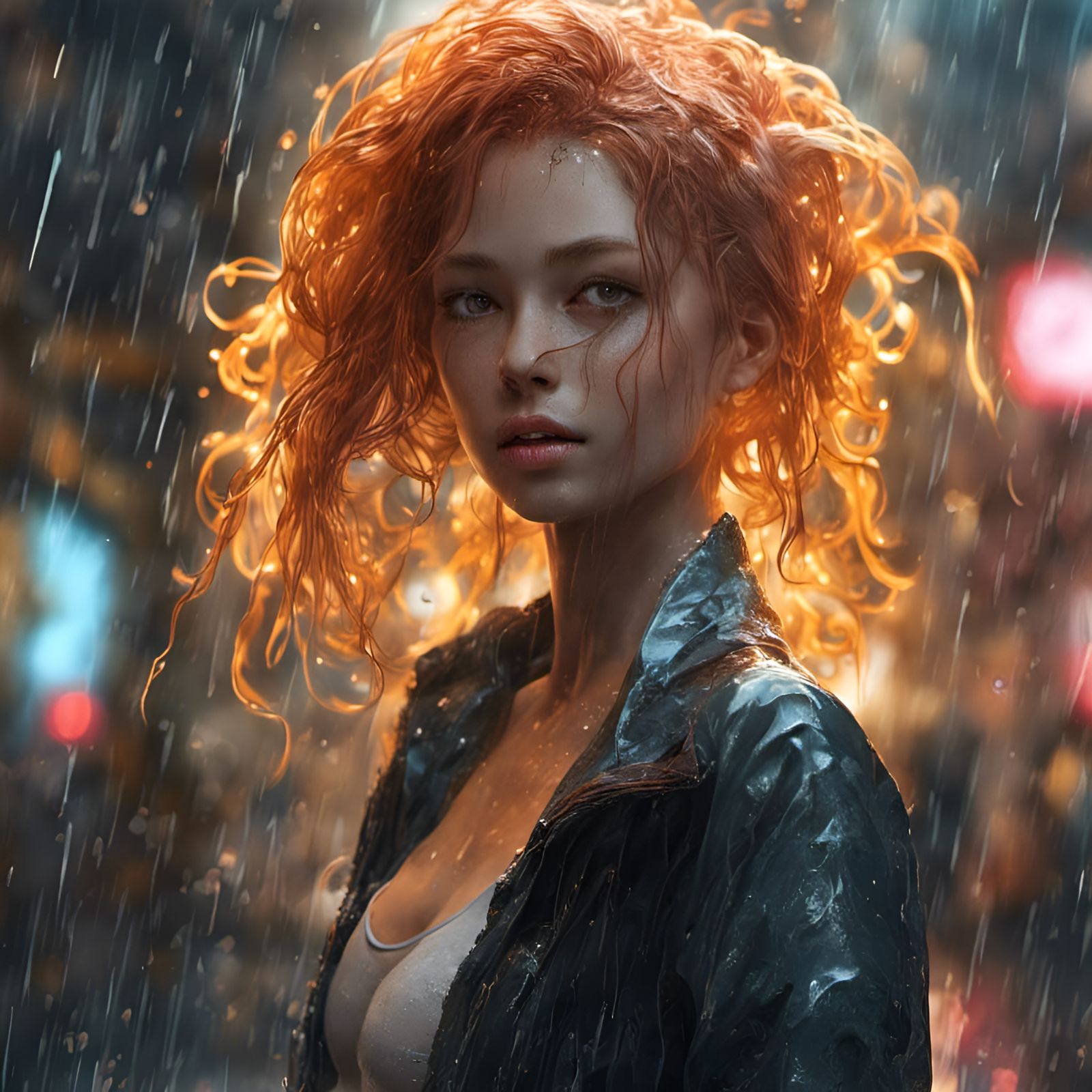 Blue-Haired Goddess in Rain, Hyperdetailed Fantasy Art