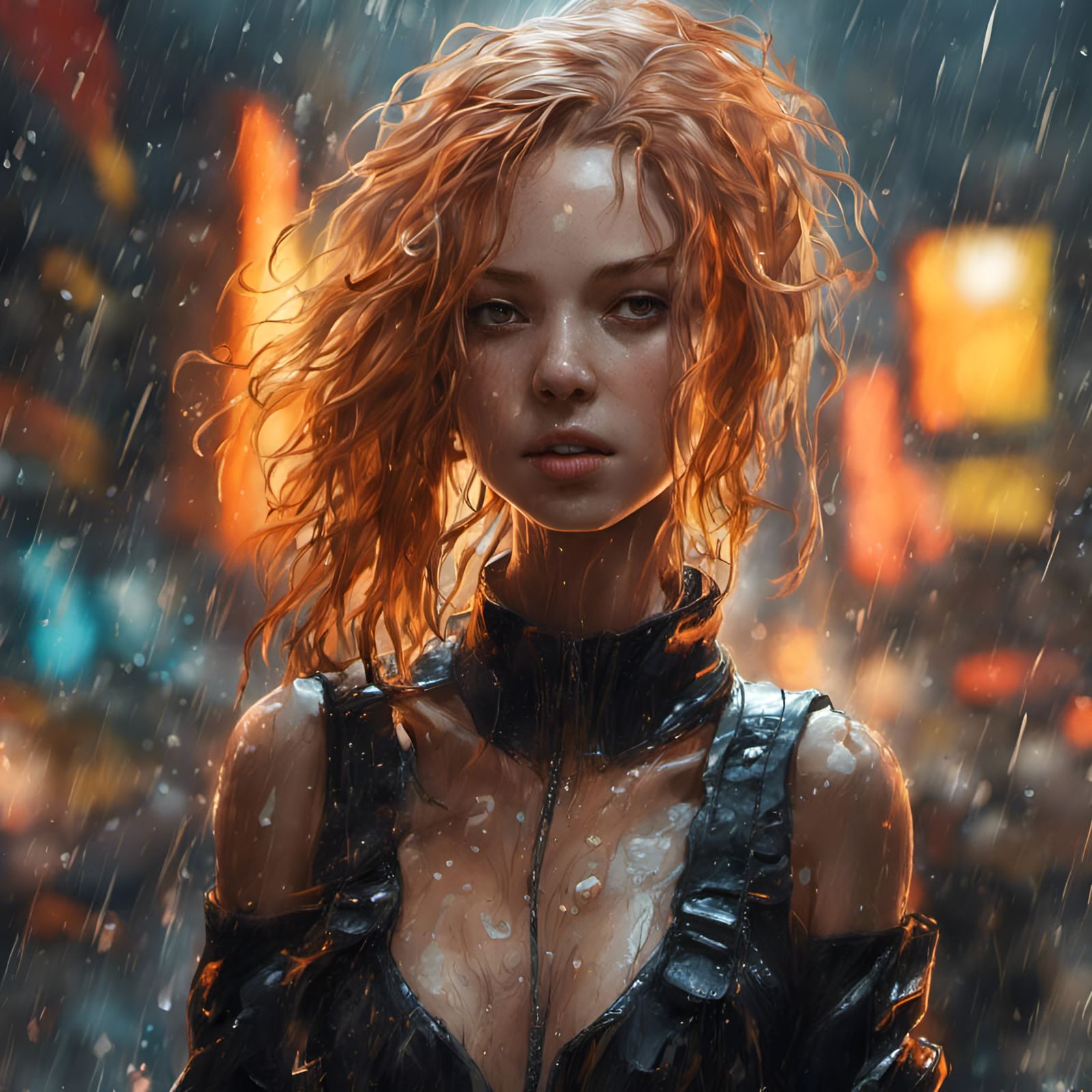Goddess with Blue Hair in Heavy Rain