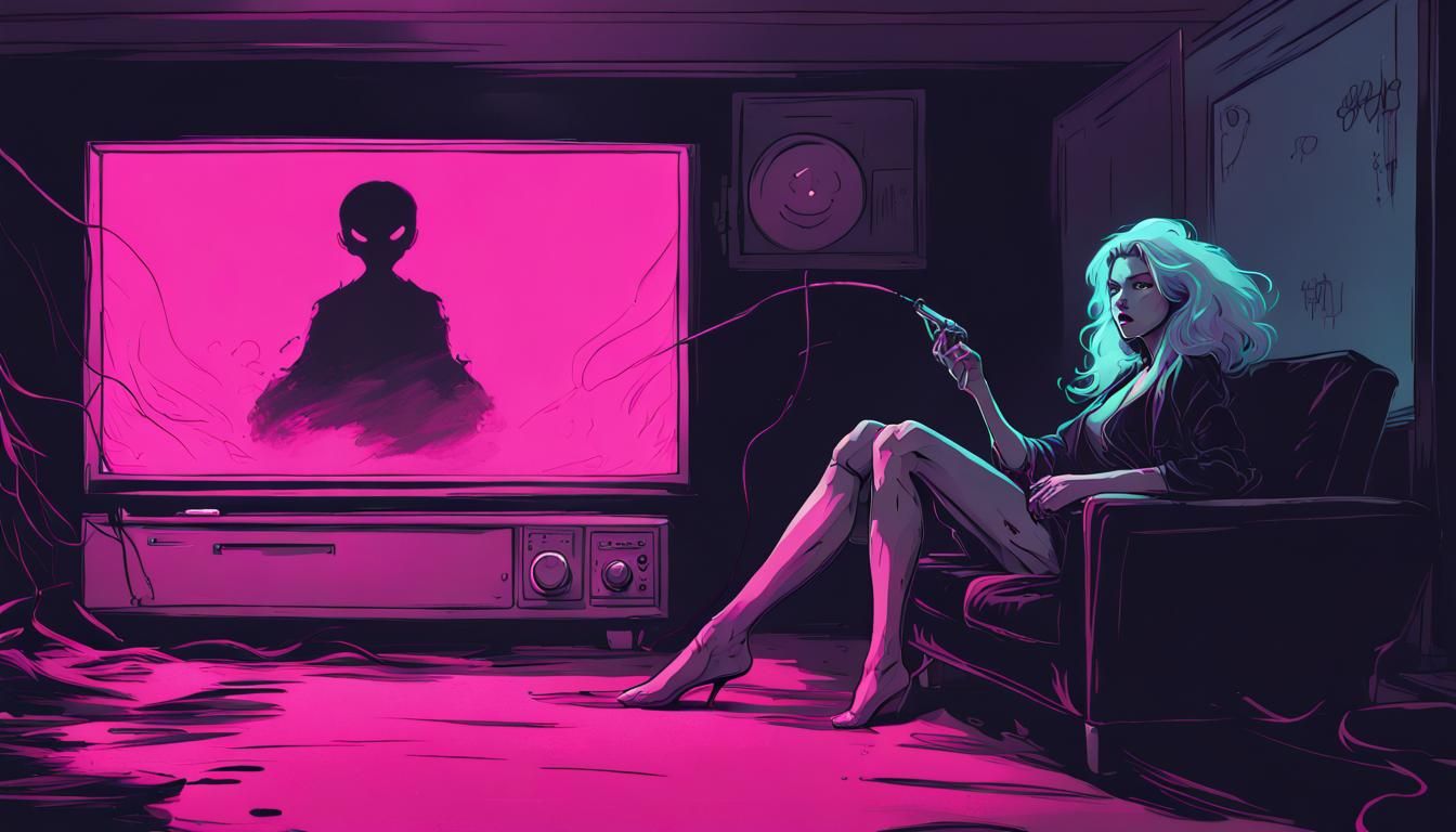 Creepy Ghost in Dark School Interior, Ink Art