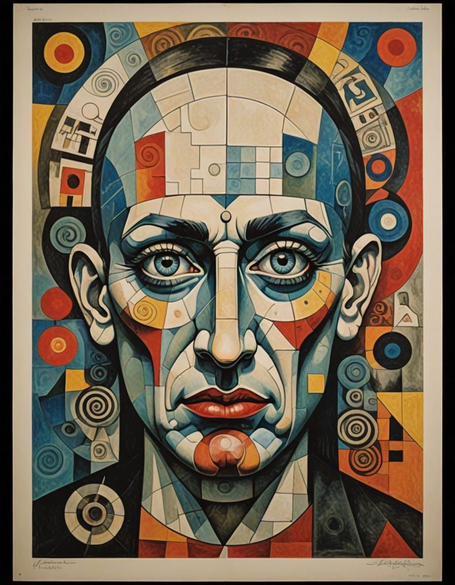 Cubist Russian Propaganda Poster with a Distorted Janus Face