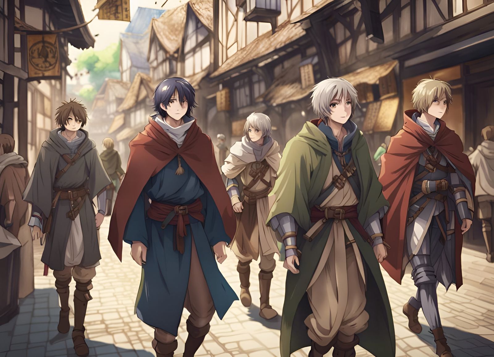 Anime Boys Visit Medieval Market in Manga Style