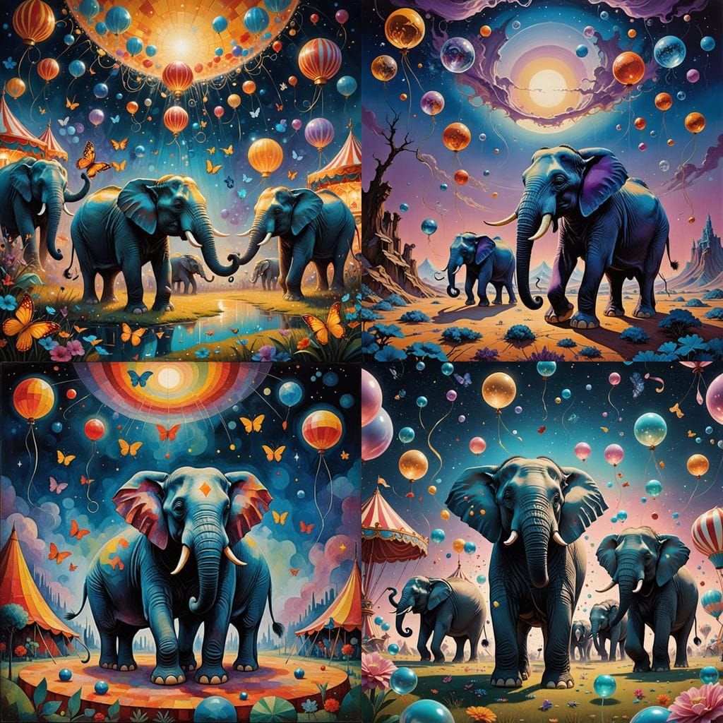 Elephants in a Vibrant Circus on a Fantastical Planet