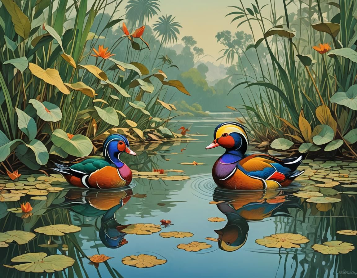 Colorful Mandarin Duck Naive Art Digital Illustration