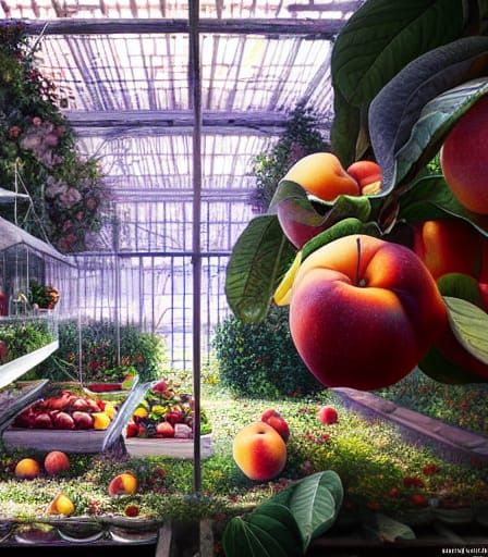 Lush Greenhouse Interior with Fruit, Digital Painting