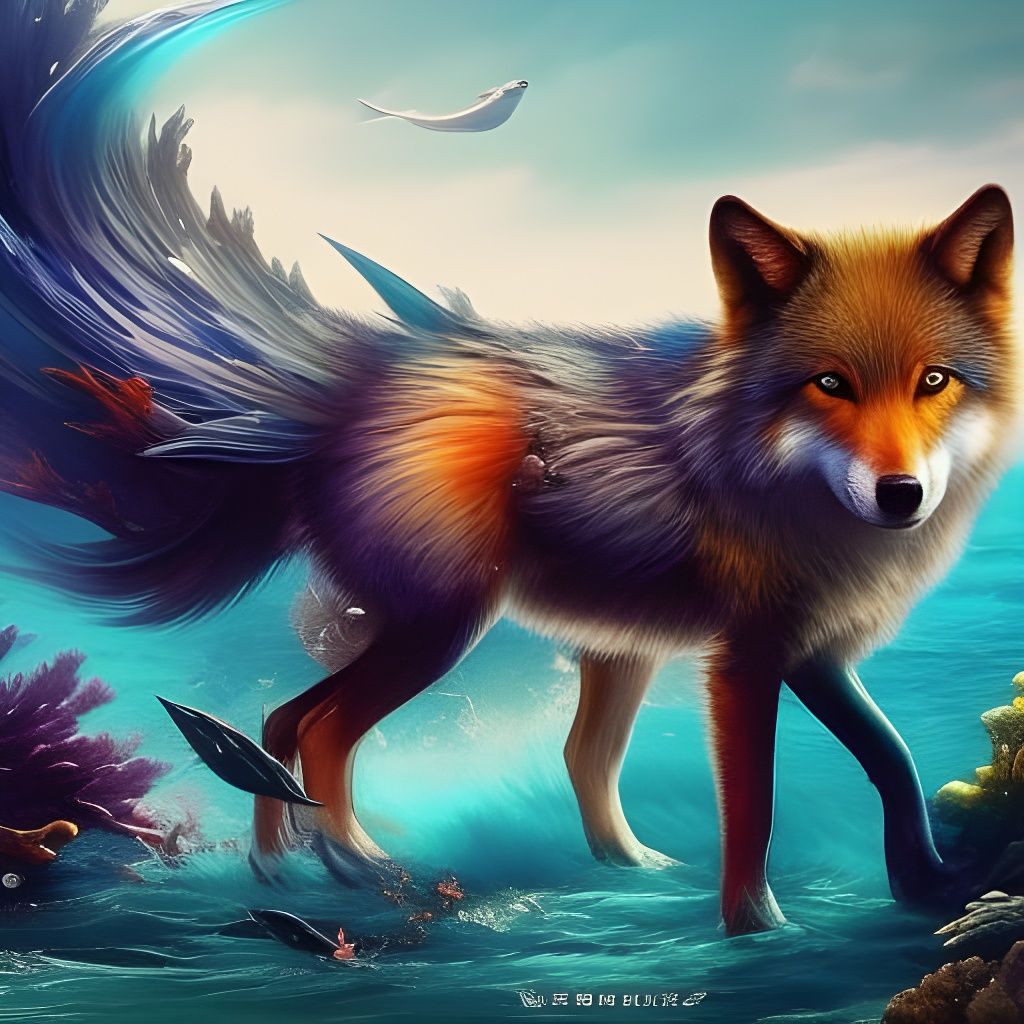 Adorable Baby Wolf Cub in Ocean, Fantasycore Art