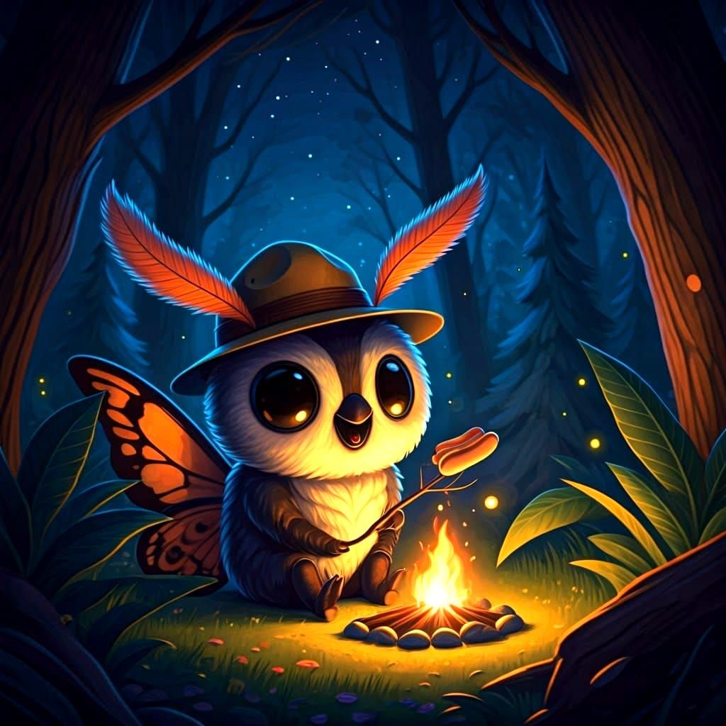 Chibi Mothman Roasting Hotdogs at Campfire