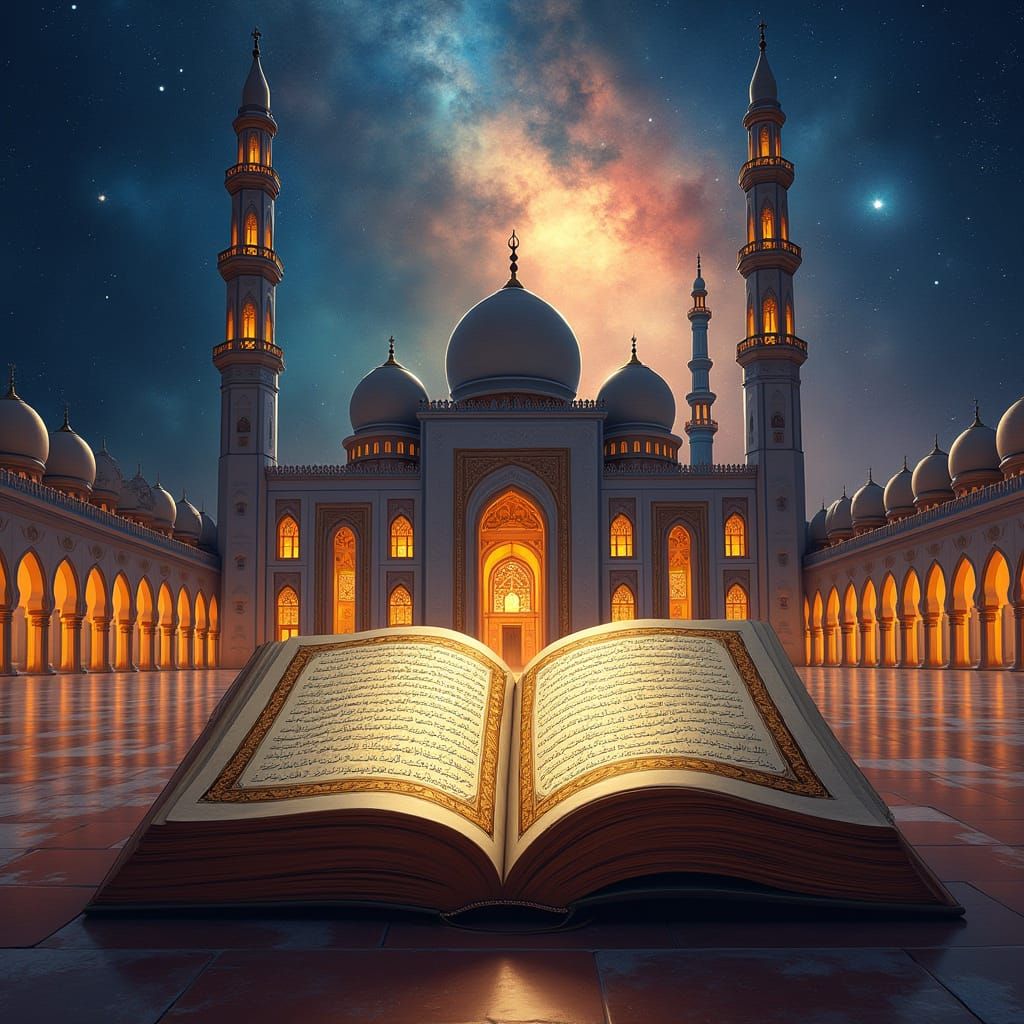 Majestic Mosque with Galaxy Backdrop and Ornate Book