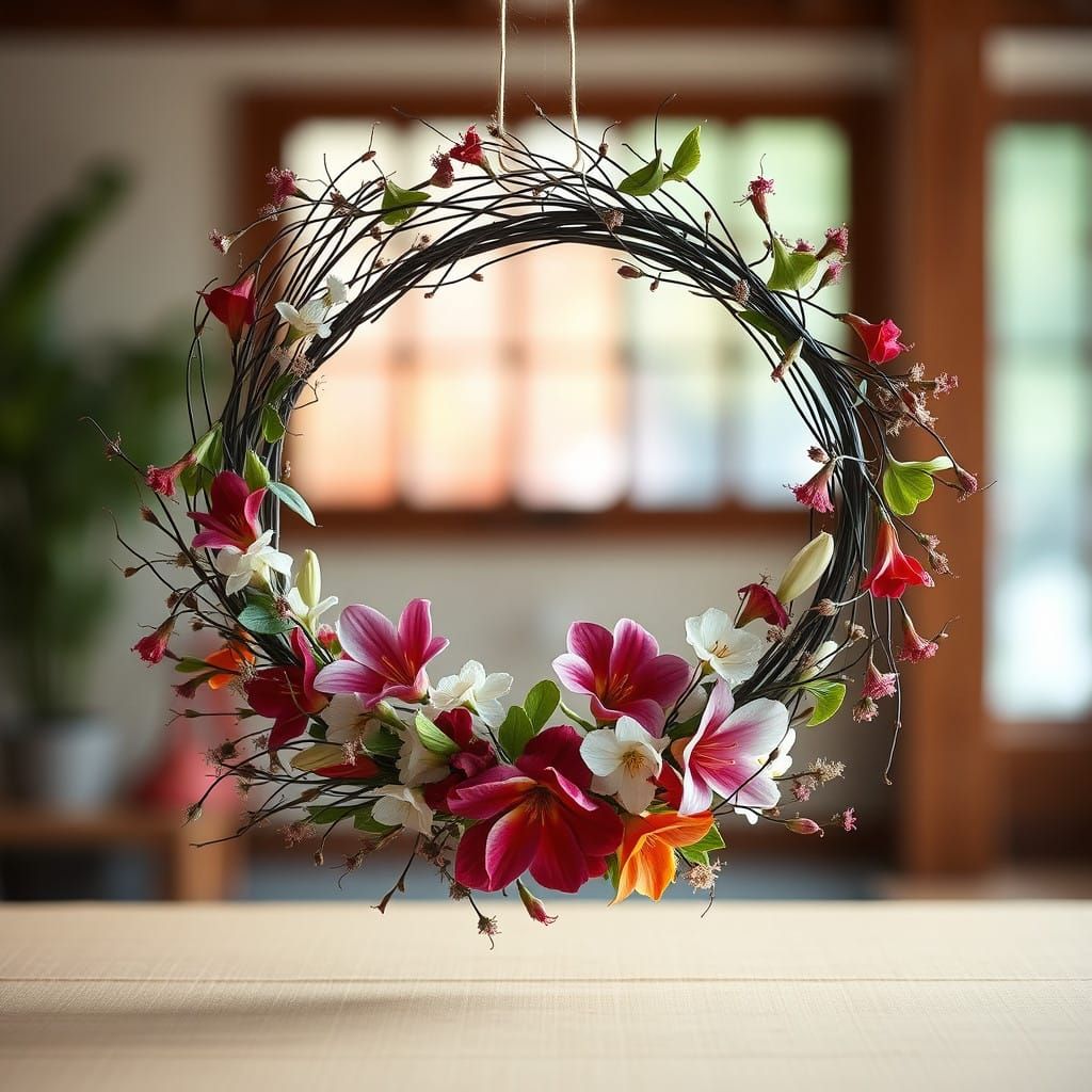 Elegant Ikebana Wreath in Soft Focus, Canon DSLR Style