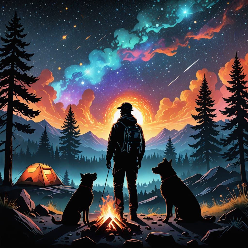 Cosmic Camping Scene with Man and Dog
